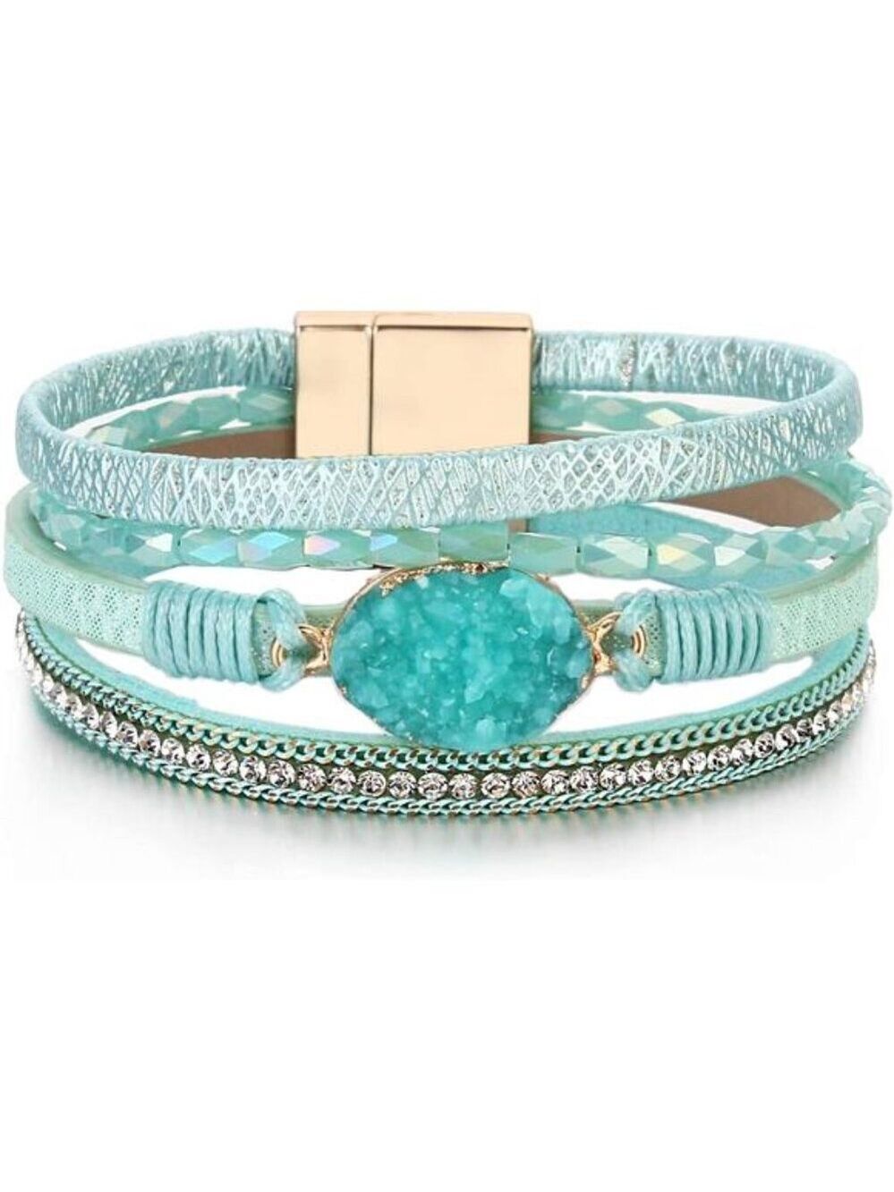 Teal Leather Wrap Bracelet Boho Crystal Bead Cuff Magnetic Clasp Jewelry Women